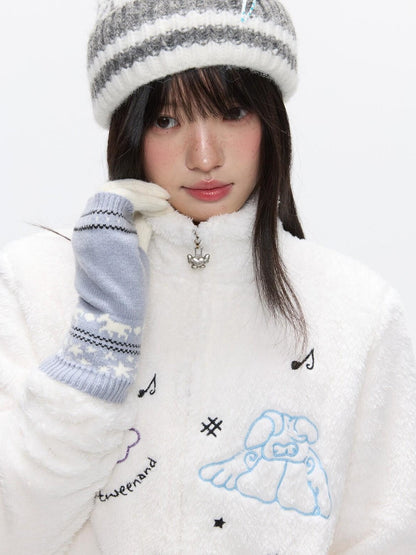 BETWEENAND Creamy Plush Embroidered Stand Collar Women&