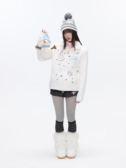 BETWEENAND Creamy Plush Embroidered Stand Collar Women&