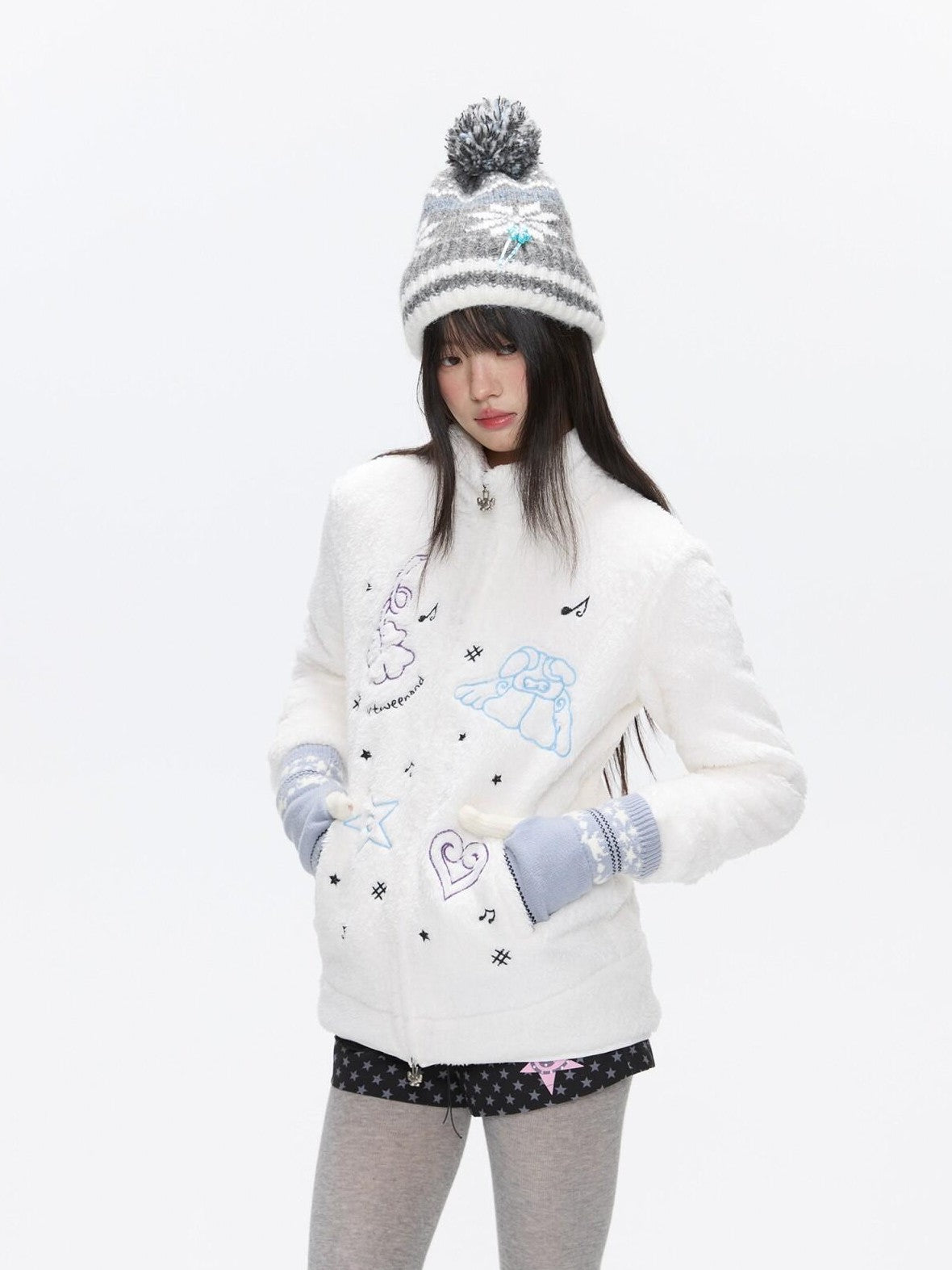 BETWEENAND Creamy Plush Embroidered Stand Collar Women&