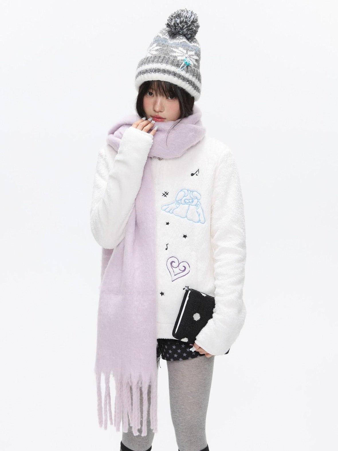 BETWEENAND Creamy Plush Embroidered Stand Collar Women&