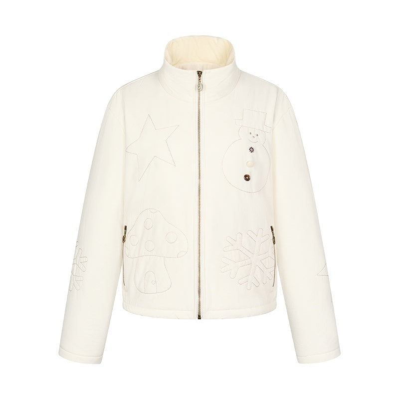 BETWEENAND_Creamy_White_Snowman_Embroidered_Stand_Collar_Women&