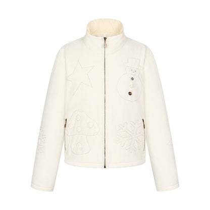 BETWEENAND_Creamy_White_Snowman_Embroidered_Stand_Collar_Women&