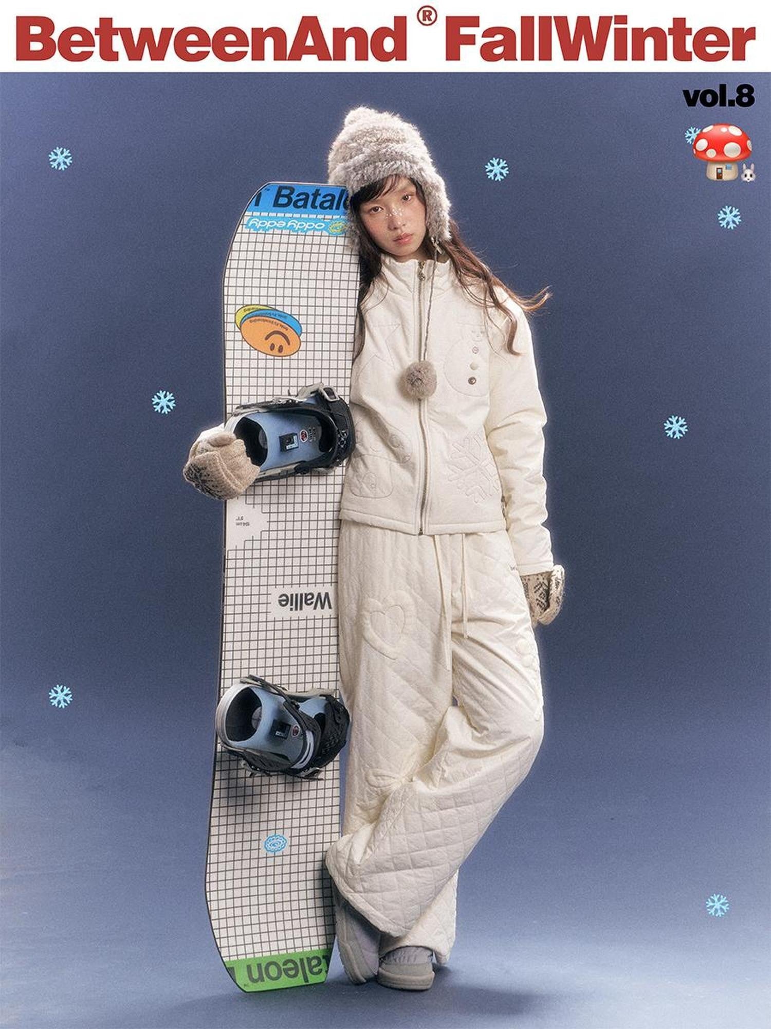 BETWEENAND Creamy White Snowman Embroidered Stand Collar Women&