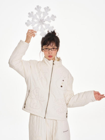 BETWEENAND Creamy White Snowman Embroidered Stand Collar Women&