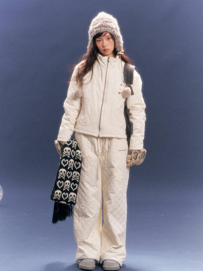BETWEENAND Creamy White Snowman Embroidered Stand Collar Women&
