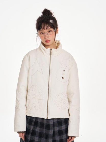 BETWEENAND Creamy White Snowman Embroidered Stand Collar Women&