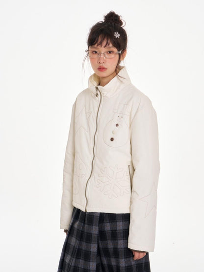 BETWEENAND Creamy White Snowman Embroidered Stand Collar Women&