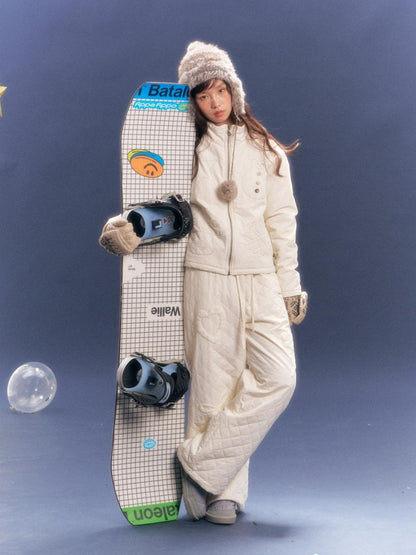 BETWEENAND Creamy White Snowman Embroidered Stand Collar Women&