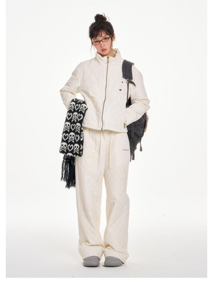 BETWEENAND Creamy White Snowman Embroidered Stand Collar Women&