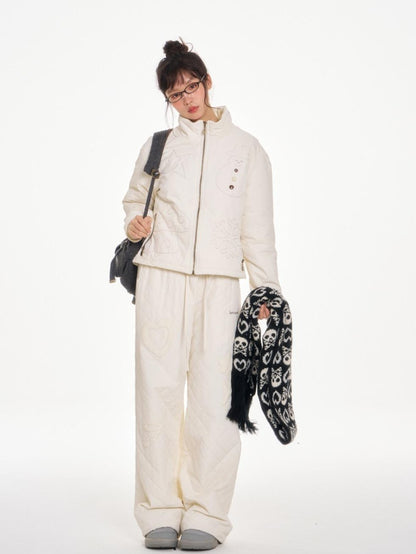 BETWEENAND Creamy White Snowman Embroidered Stand Collar Women&