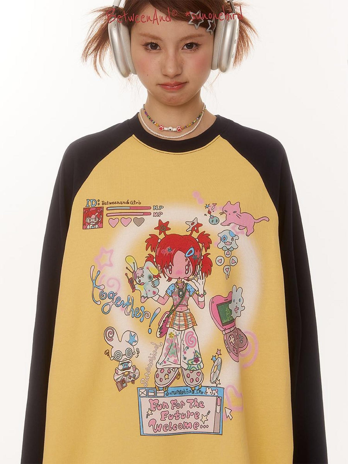 BETWEENAND Creative Print Raglan Loose Women&