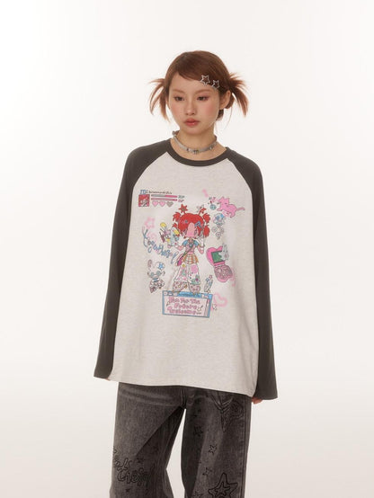 BETWEENAND Creative Print Raglan Loose Women&