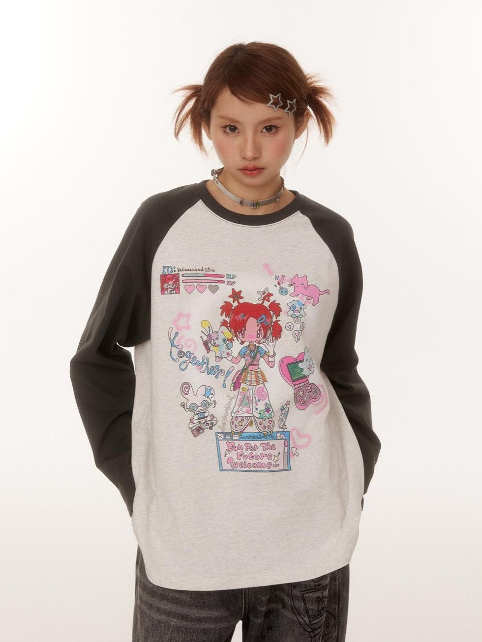 BETWEENAND Creative Print Raglan Loose Women&