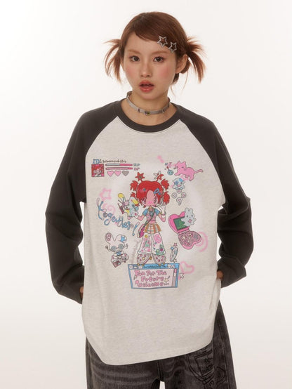 BETWEENAND Creative Print Raglan Loose Women&