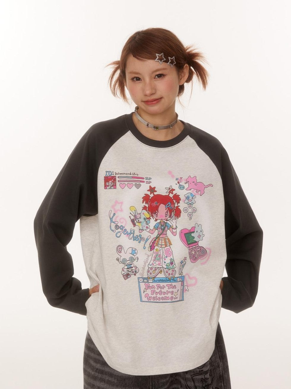 BETWEENAND Creative Print Raglan Loose Women&
