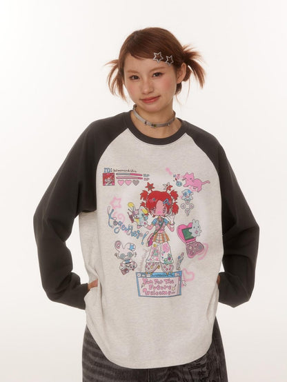 BETWEENAND Creative Print Raglan Loose Women&