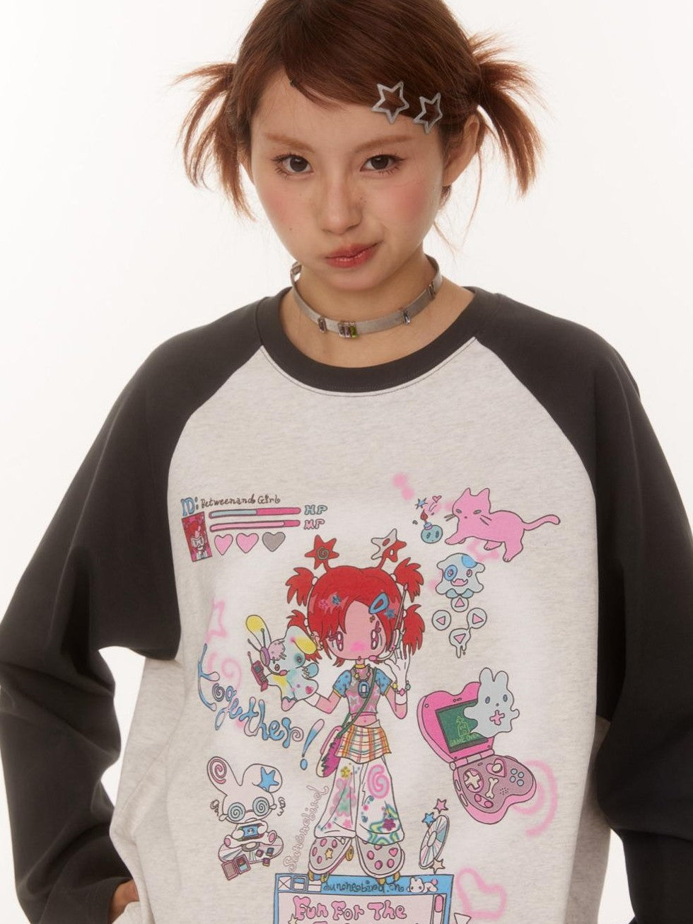 BETWEENAND Creative Print Raglan Loose Women&