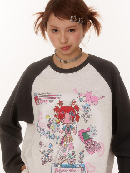 BETWEENAND Creative Print Raglan Loose Women&