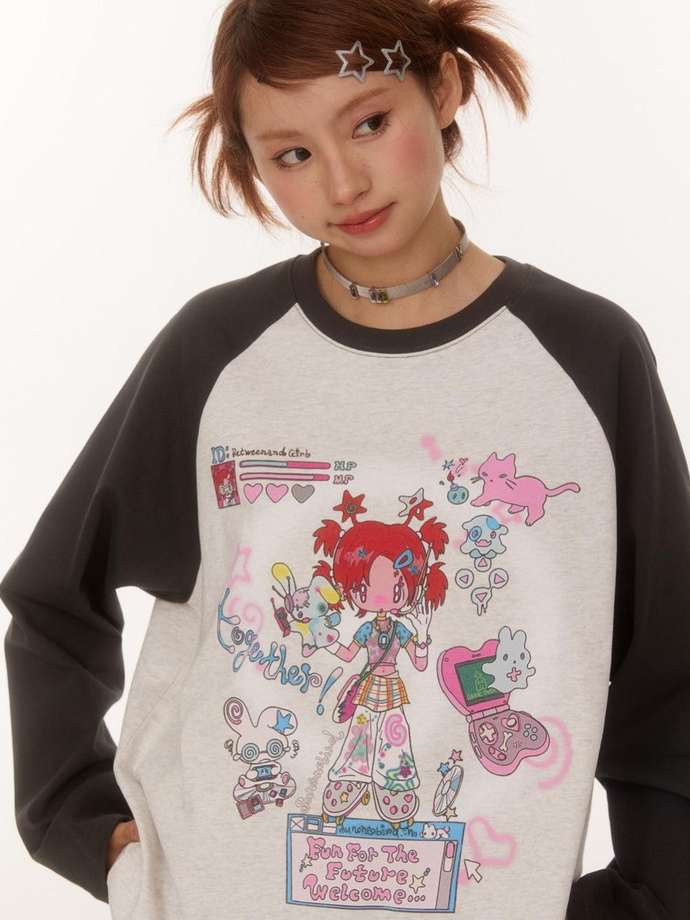 BETWEENAND Creative Print Raglan Loose Women&