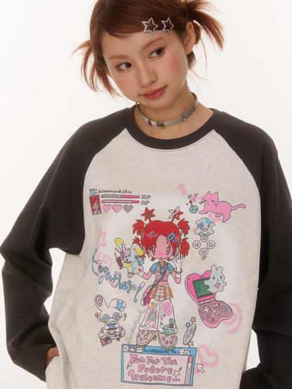 BETWEENAND Creative Print Raglan Loose Women&