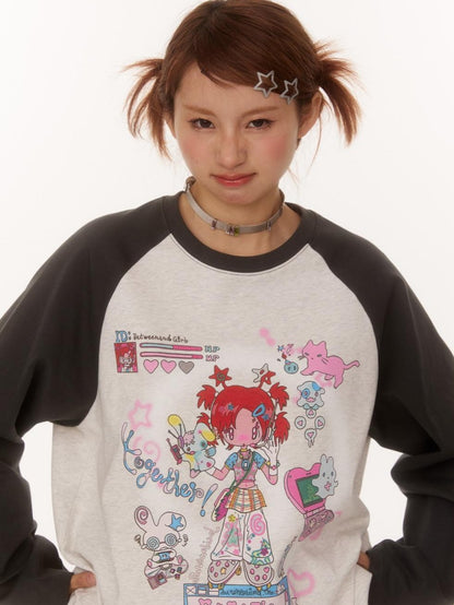 BETWEENAND Creative Print Raglan Loose Women&