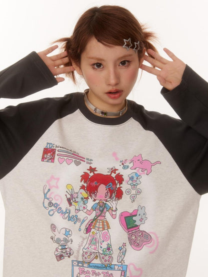 BETWEENAND Creative Print Raglan Loose Women&