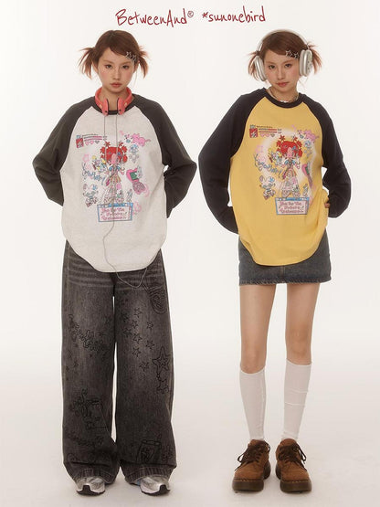 BETWEENAND Creative Print Raglan Loose Women&