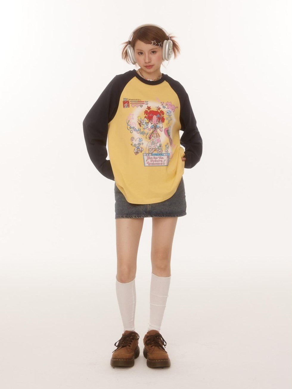 BETWEENAND Creative Print Raglan Loose Women&