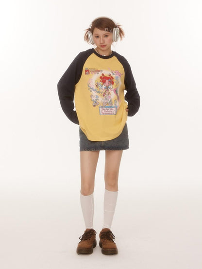 BETWEENAND Creative Print Raglan Loose Women&