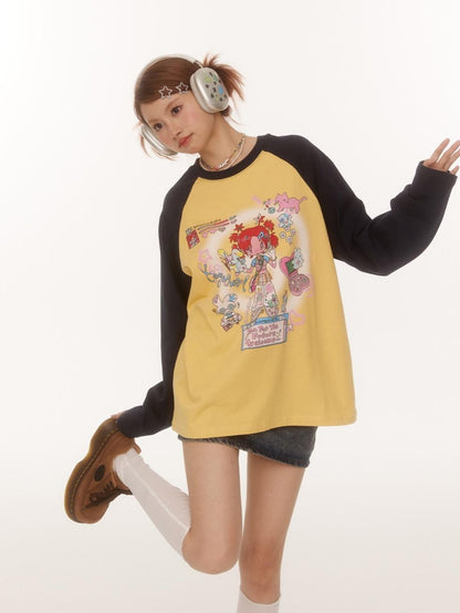 BETWEENAND Creative Print Raglan Loose Women&