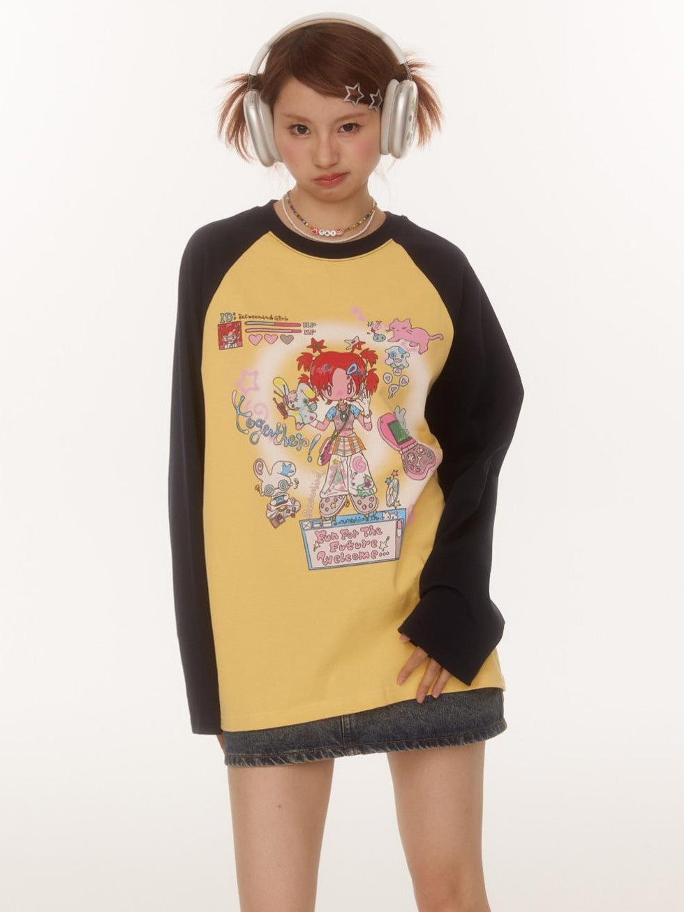 BETWEENAND Creative Print Raglan Loose Women&