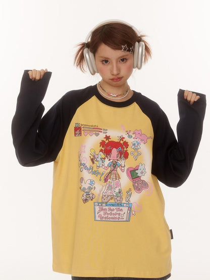 BETWEENAND Creative Print Raglan Loose Women&