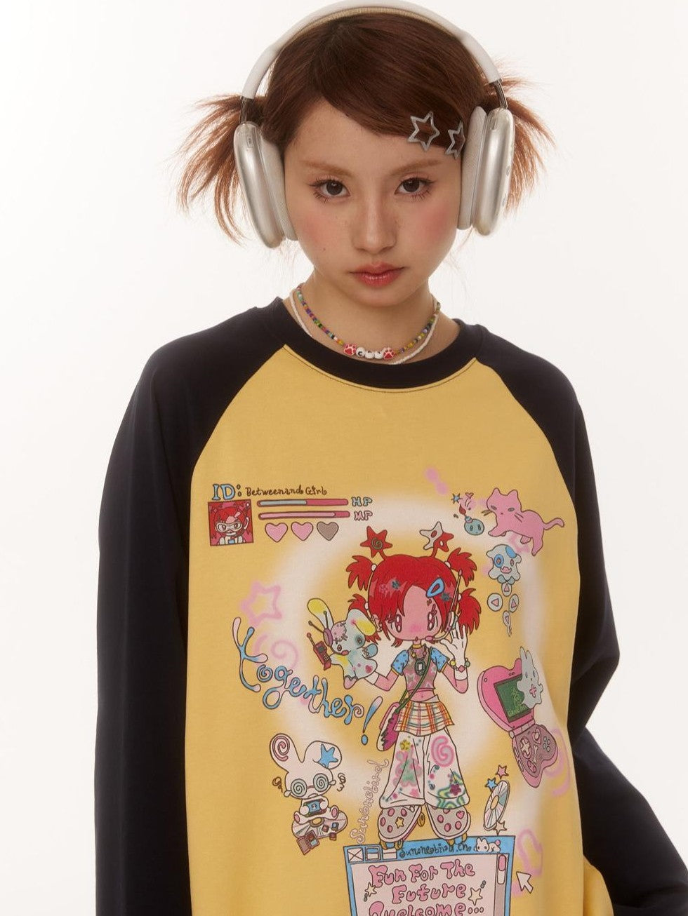 BETWEENAND Creative Print Raglan Loose Women&