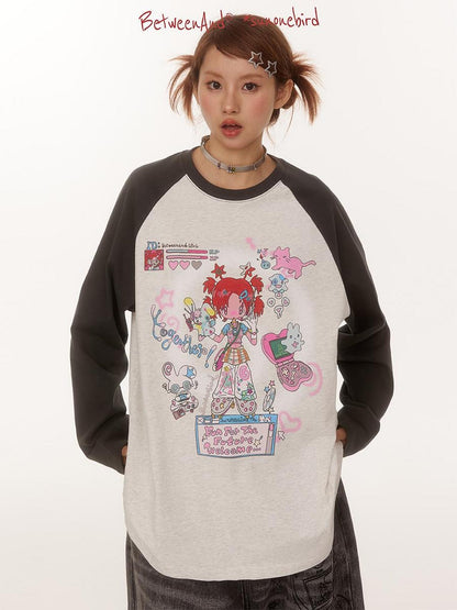 BETWEENAND Creative Print Raglan Loose Women&