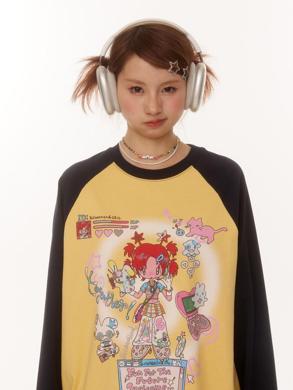 BETWEENAND Creative Print Raglan Loose Women&