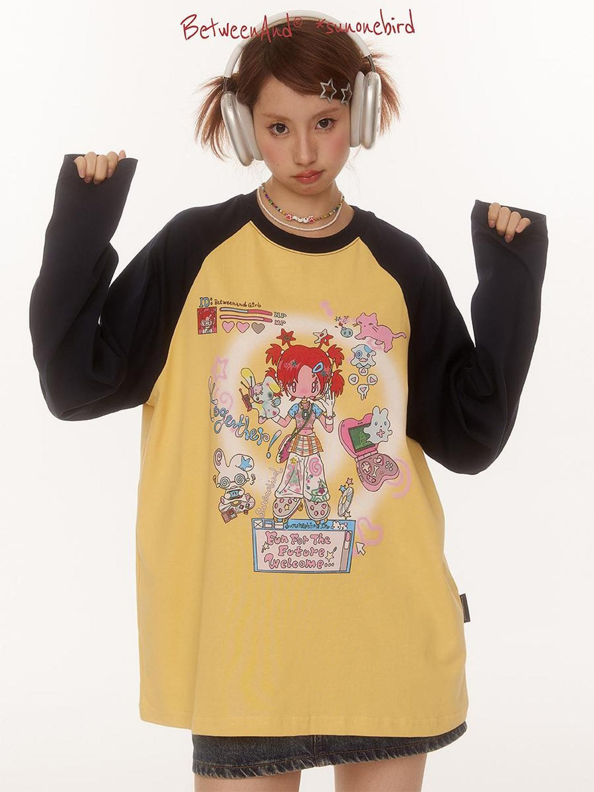 BETWEENAND Creative Print Raglan Loose Women&