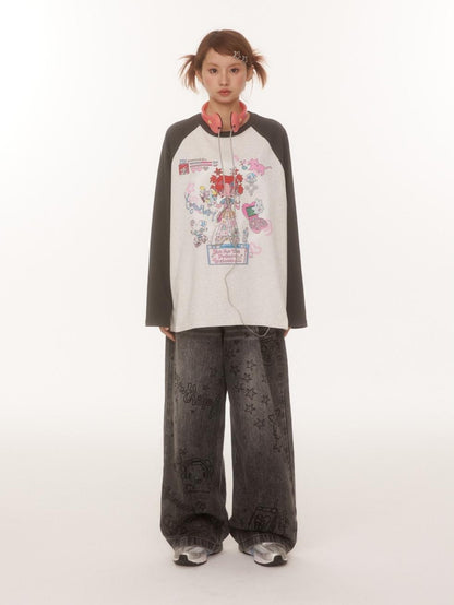 BETWEENAND Creative Print Raglan Loose Women&