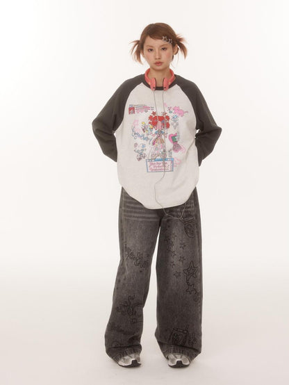 BETWEENAND Creative Print Raglan Loose Women&