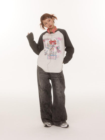 BETWEENAND Creative Print Raglan Loose Women&