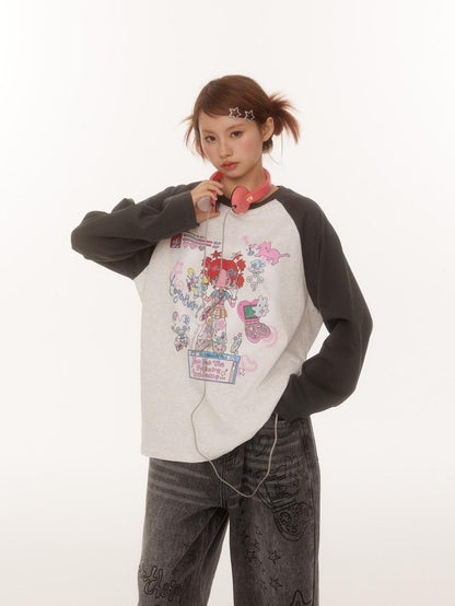 BETWEENAND Creative Print Raglan Loose Women&