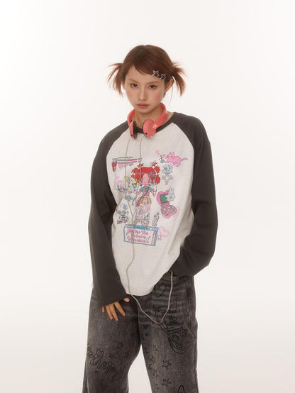 BETWEENAND Creative Print Raglan Loose Women&