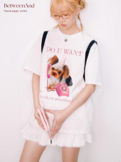 BETWEENAND Creative Print Yoke Loose Crewneck Women&