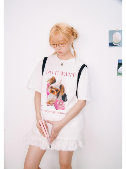 BETWEENAND Creative Print Yoke Loose Crewneck Women&