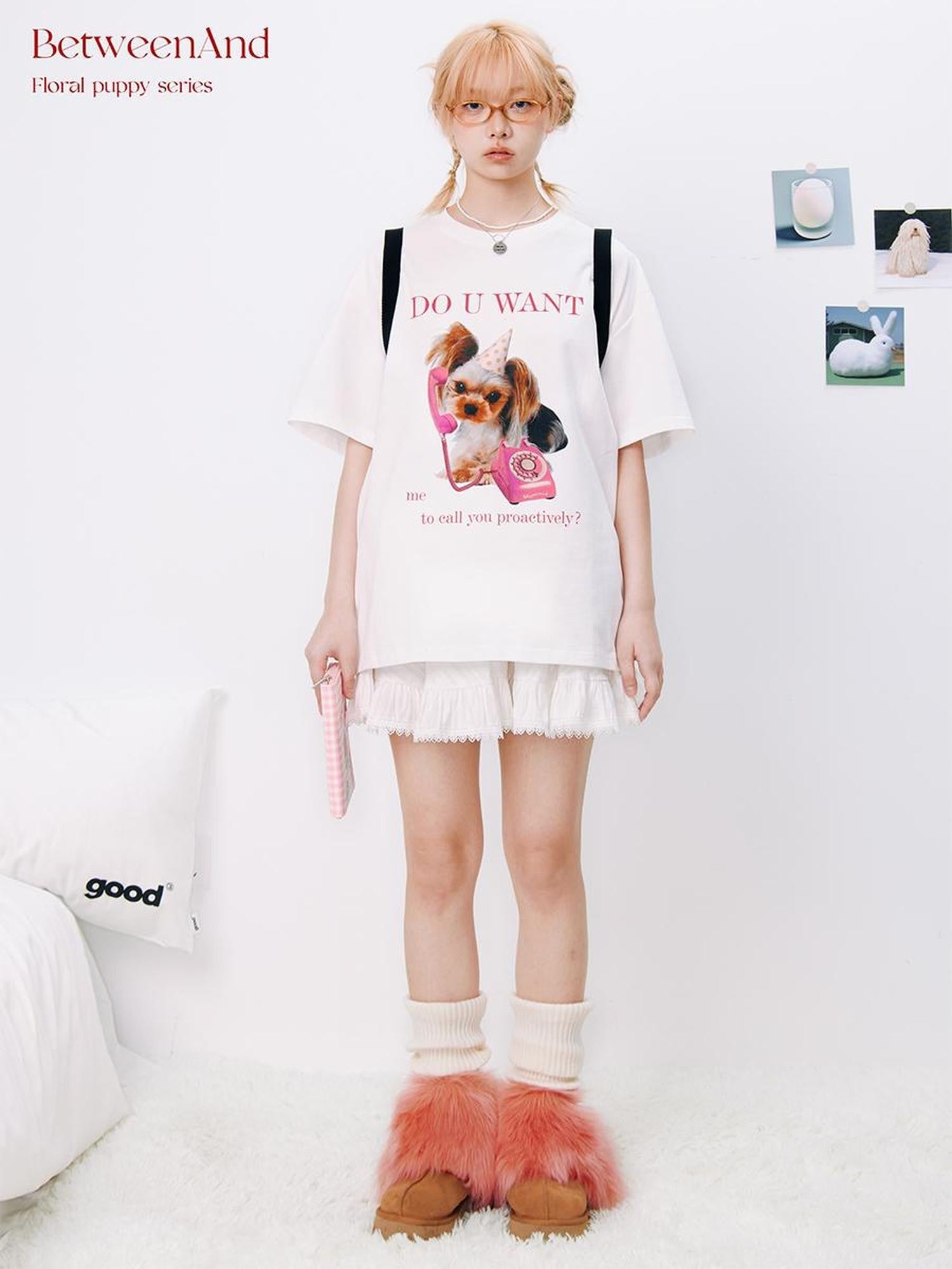 BETWEENAND Creative Print Yoke Loose Crewneck Women&