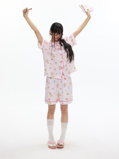BETWEENAND Cute Pink Short Sleeve Allover Print Women&
