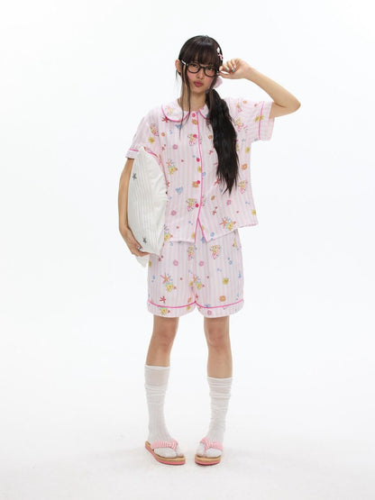 BETWEENAND Cute Pink Short Sleeve Allover Print Women&
