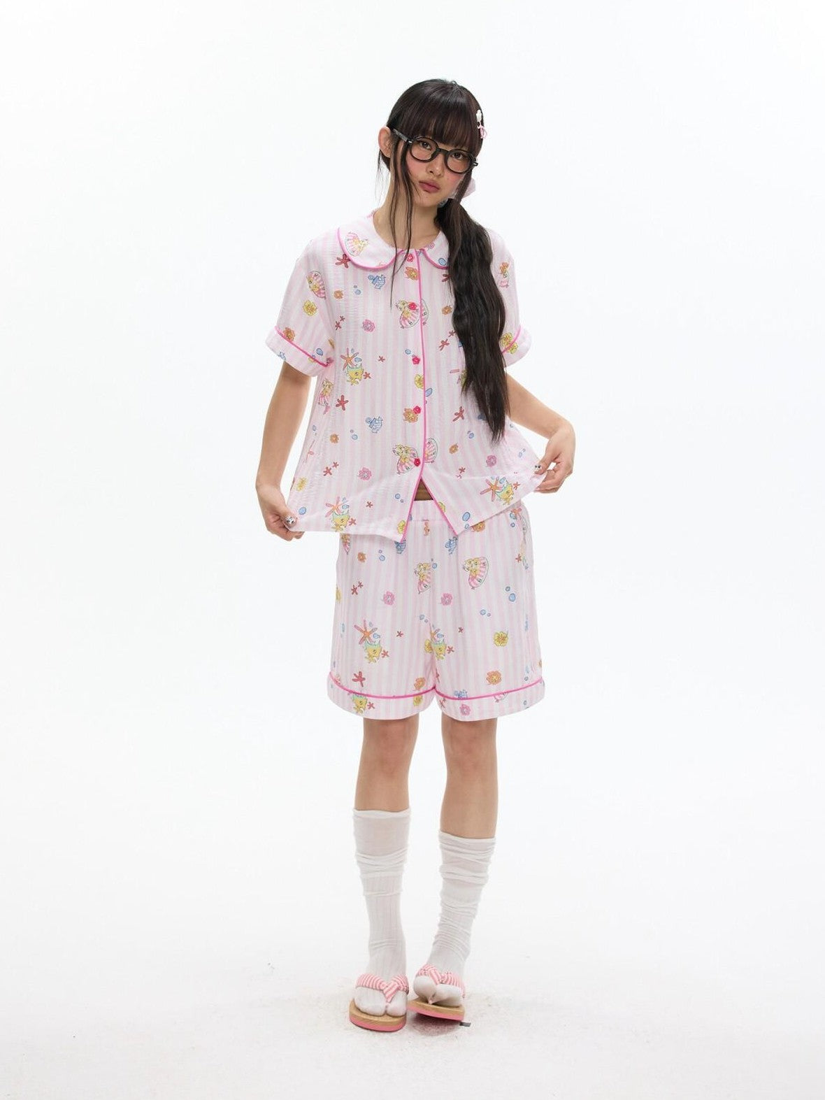 BETWEENAND Cute Pink Short Sleeve Allover Print Women&