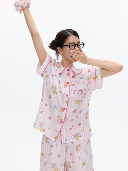 BETWEENAND Cute Pink Short Sleeve Allover Print Women&