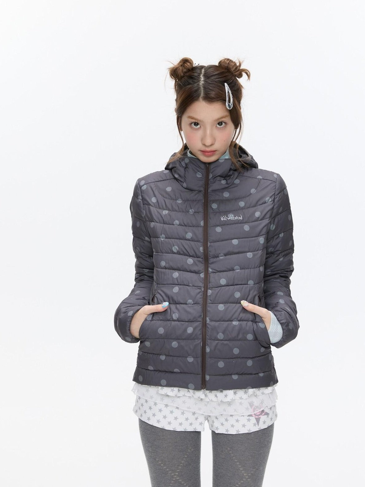 BETWEENAND Cute Polka Dot Embroidered Hooded Women&
