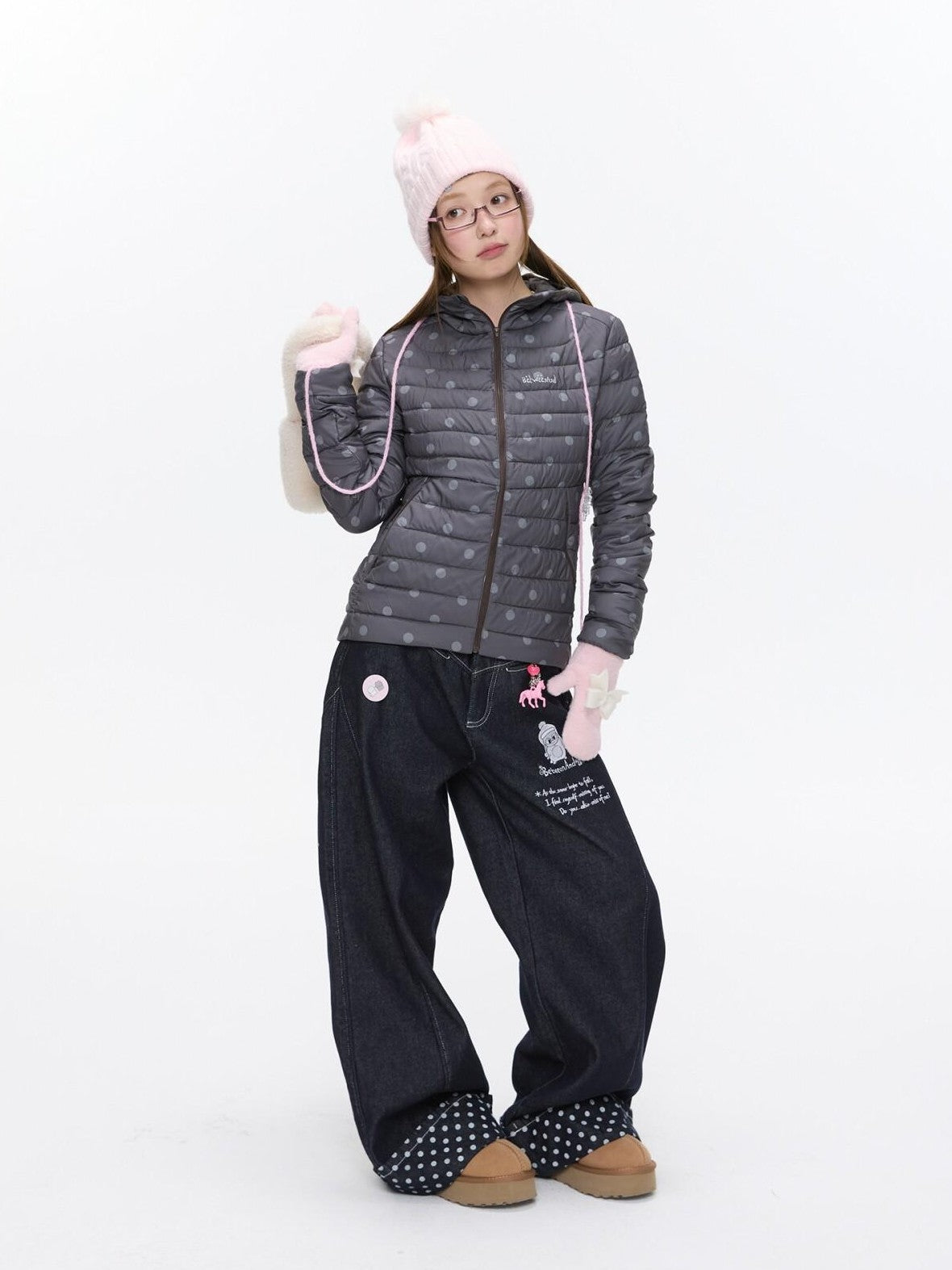 BETWEENAND Cute Polka Dot Embroidered Hooded Women&
